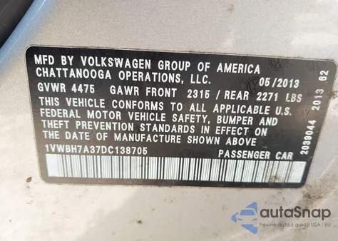 2013 Volkswagen Passat 2.5L Se z USA, uszkodzony, nr VIN 1VWBH7A37DC138705
